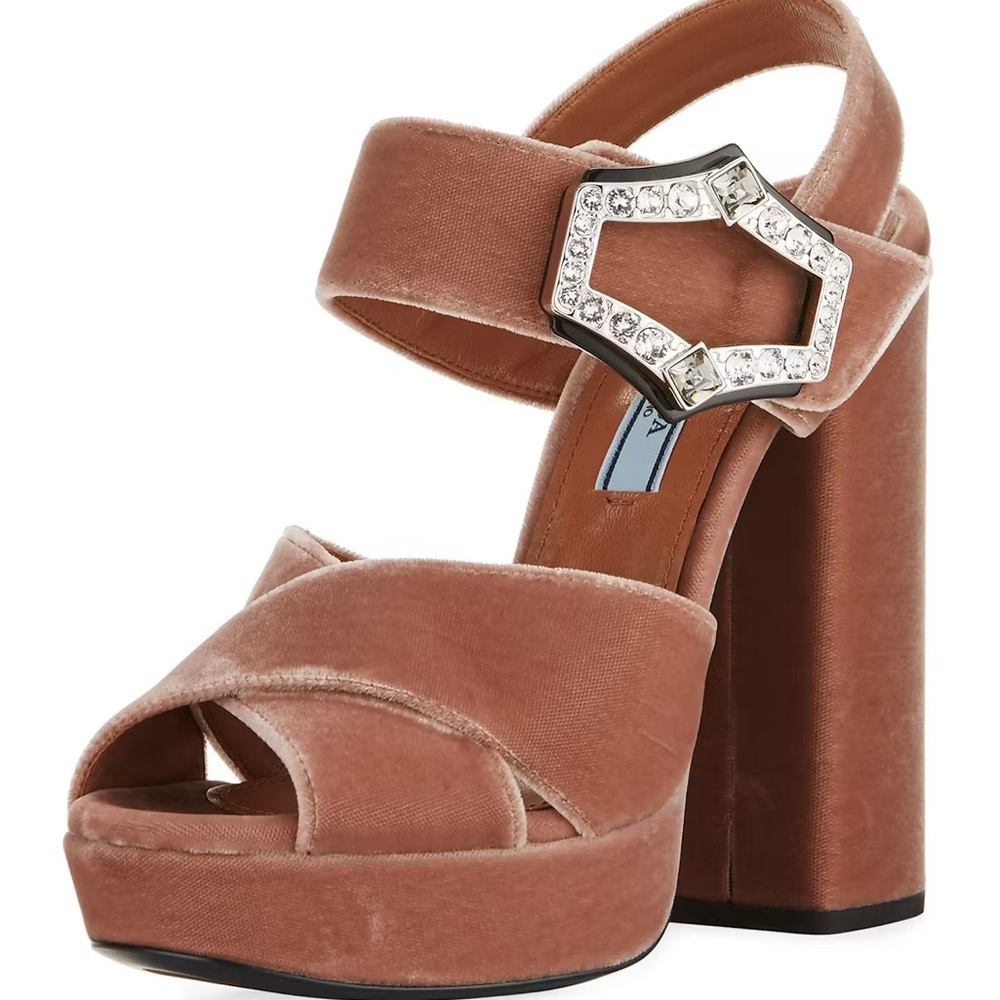Prada Jeweled Velvet Block-Heel Sandal in Size 8